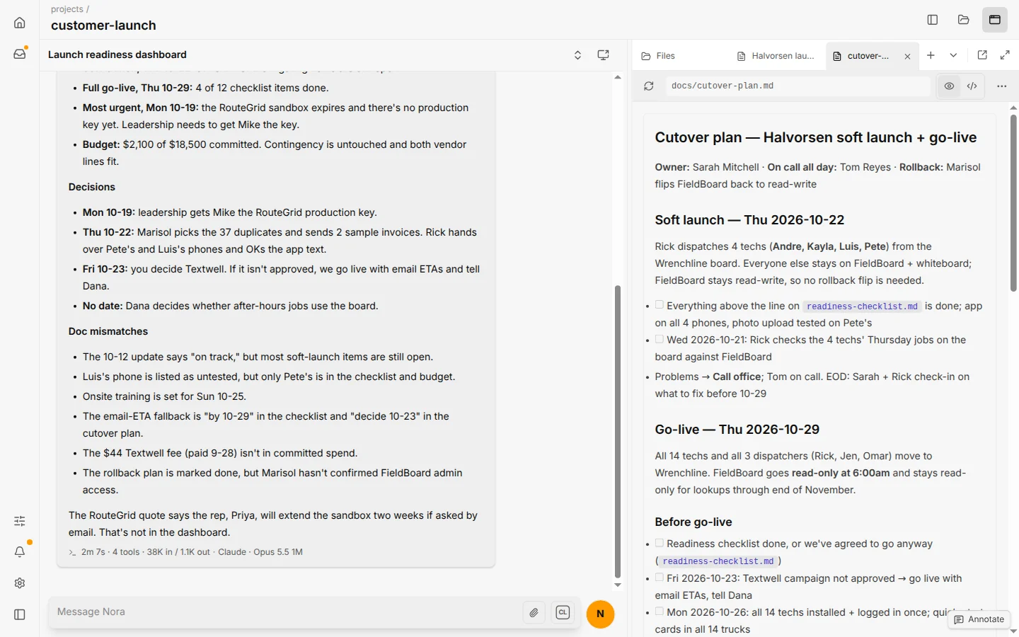 Lowkey with a chat beside the focus pane, holding a files tab, an HTML dashboard and a rendered plan