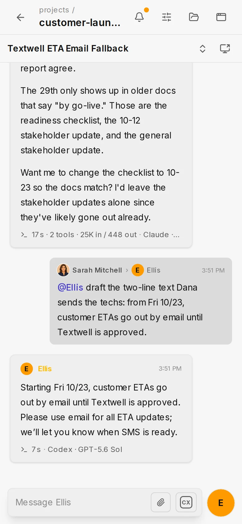 A Lowkey chat on a phone: Sarah asks Nora (Claude) which date is right, then Ellis (Codex) drafts the text